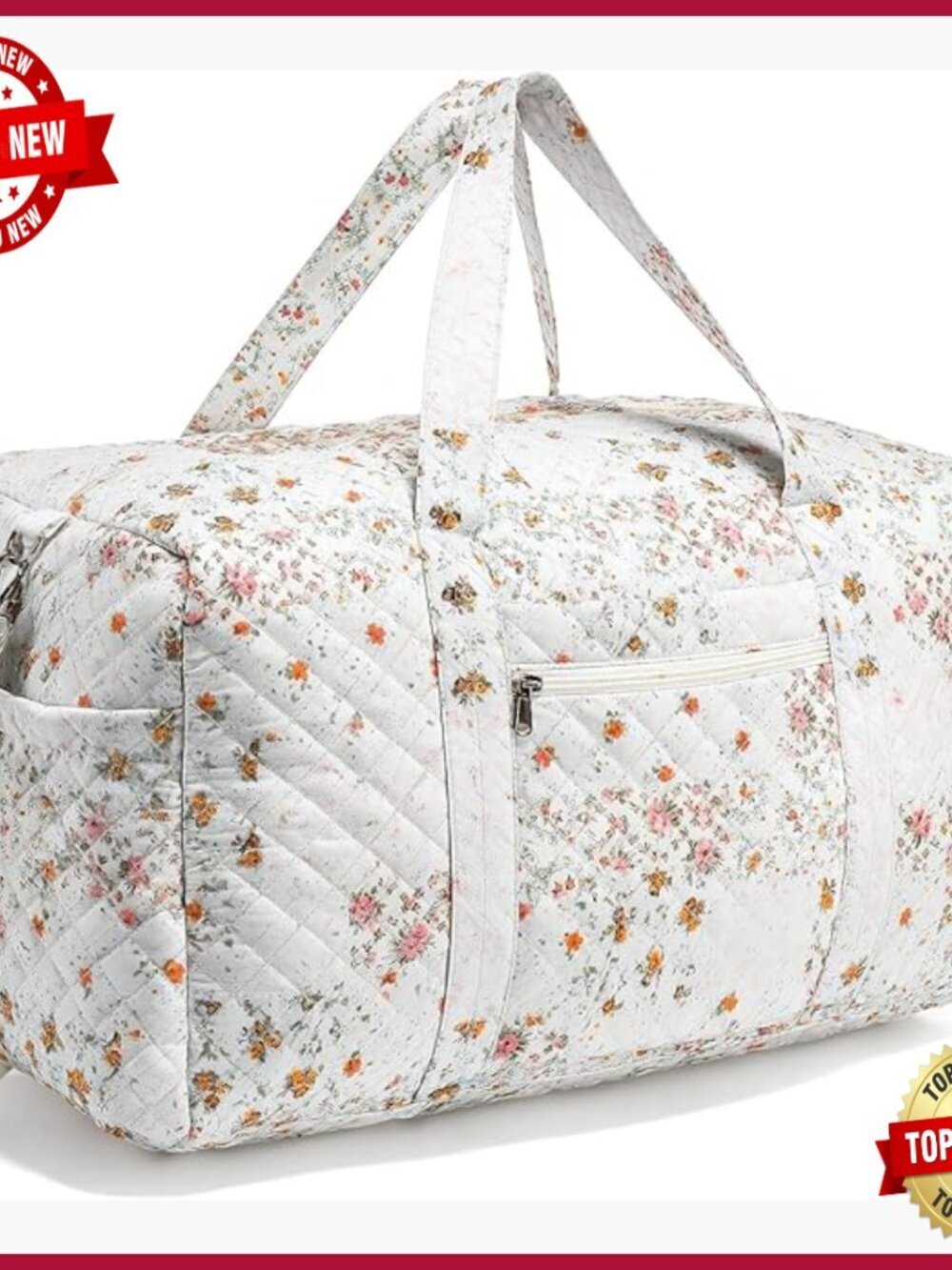 Large Quilted Travel Duffle Bag with Zipper Pockets Adjustable Strap